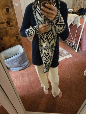 Vintage Lauren Ralph Lauren Navy Sweater with Black & Cream Geometric Trim